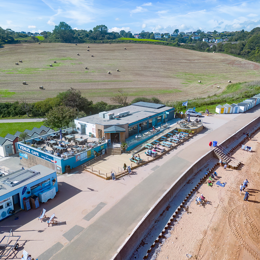 The Venus Cafe at Broadsands in Devon from a drone.
